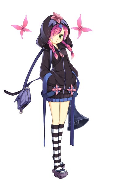 Anime picture 733x1197 with original blvefo9 single long hair tall image fringe blue eyes simple background white background pink hair braid (braids) hair over one eye twin braids girl thighhighs skirt hood insect butterfly bag