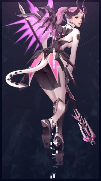 Anime picture 1000x1778 with overwatch blizzard entertainment mercy (overwatch) imp mercy jn3 single tall image looking at viewer short hair pink hair full body bent knee (knees) ass ponytail tail pink eyes one eye closed looking back horn (horns) wink