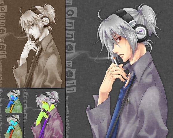 Anime picture 1200x960 with utau honne dell red eyes ahoge tail grey hair smoke zoom layer smoking boy shirt necktie headphones cigarette pen
