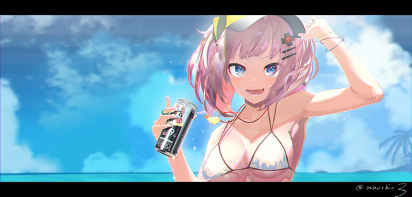 Anime picture 6000x2880 with virtual youtuber the moon studio suntory strong zero kaguya luna maoushiori3 single long hair looking at viewer fringe highres breasts open mouth blue eyes light erotic wide image twintails holding signed absurdres