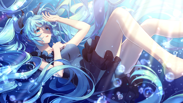 Anime picture 1920x1080 with vocaloid shinkai shoujo (vocaloid) hatsune miku bshi edayo single highres blue eyes wide image twintails blue hair ahoge very long hair barefoot bare legs looking up shaded face underwater girl dress black dress