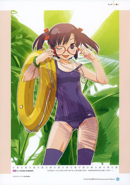 Anime picture 2434x3468 with original poyoyon rock illustrations & art works (artbook) venus idol project watanabe akio single tall image looking at viewer highres short hair light erotic brown hair purple eyes twintails nail polish one eye closed wink scan copyright name :p outline