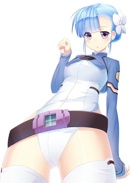 Anime picture 752x1062 with rinne no lagrange production i.g fin e ld si laffinty ogadenmon (artist) single tall image looking at viewer short hair light erotic simple background white background purple eyes blue hair girl hair ornament belt bodysuit