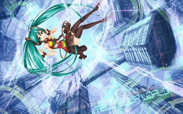 Anime picture 1439x900 with vocaloid hatsune miku r.p.s wide image twintails bare shoulders very long hair aqua eyes aqua hair legs city girl thighhighs dress skirt black thighhighs necktie headphones