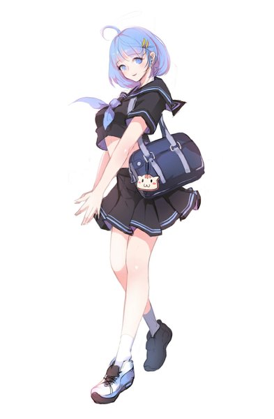 Anime picture 744x1137 with original emyo single tall image looking at viewer short hair blue eyes smile standing blue hair pleated skirt bare belly lacing girl skirt uniform hair ornament school uniform animal socks