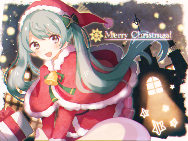 Anime picture 800x600 with vocaloid hatsune miku rut single long hair looking at viewer blush fringe open mouth twintails holding :d aqua hair inscription grey eyes fur trim floating hair light christmas silhouette