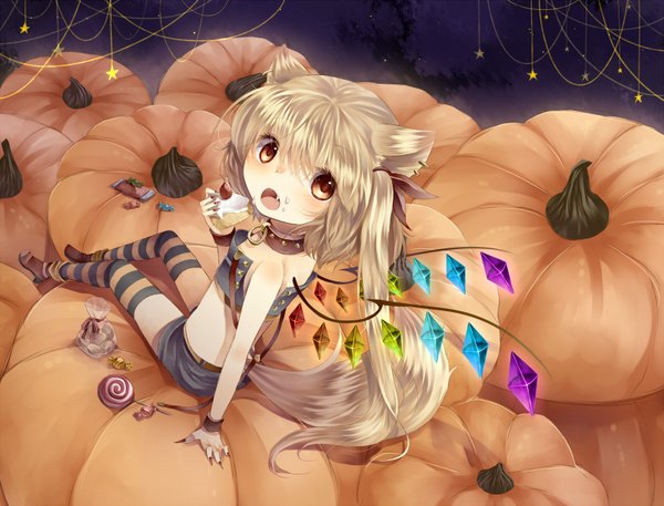 Anime picture 1600x1221 with touhou flandre scarlet tepes (artist) long hair blonde hair animal ears looking back orange eyes halloween eating girl thighhighs wings food sweets collar striped thighhighs candy crystal cake