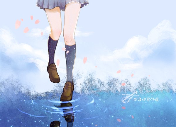 Anime picture 1650x1190 with shigatsu wa kimi no uso a-1 pictures miyazono kaori tagme (artist) single pleated skirt legs reflection walking ripples girl skirt miniskirt petals socks shoes knee socks