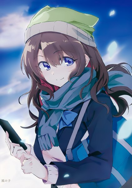 Anime picture 2491x3529 with melonbooks kazenoko single long hair tall image looking at viewer blush fringe highres blue eyes smile hair between eyes brown hair standing holding signed upper body long sleeves scan open clothes