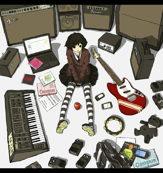 Anime picture 1240x1310 with arakawa (aintnoroom) single tall image fringe short hair brown hair sitting from above black eyes letterboxed girl thighhighs uniform school uniform striped thighhighs musical instrument guitar teddy bear apple phone