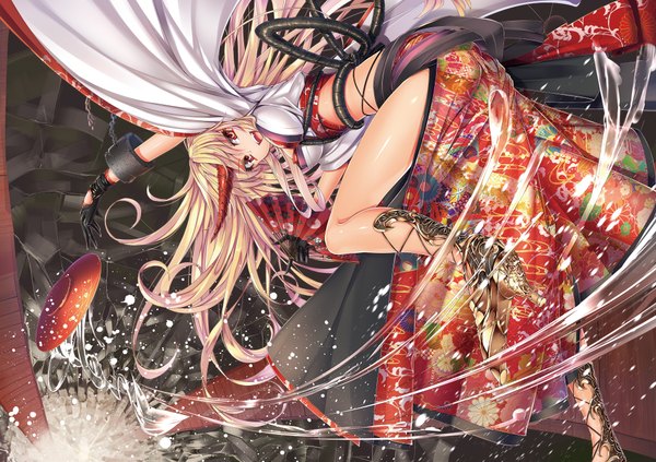 Аниме картинка 2000x1412 с touhou hoshiguma yuugi kantarou (nurumayutei) один (одна) длинные волосы смотрит на зрителя высокое разрешение открытый рот светлые волосы красные глаза рог (рога) девушка платье перчатки ботинки веер кандалы