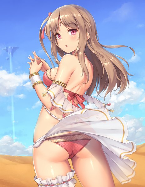 Anime picture 890x1150 with original sasaame single long hair tall image looking at viewer blush open mouth light erotic brown hair purple eyes bare shoulders ass traditional clothes looking back wind waterfall floating island desert girl