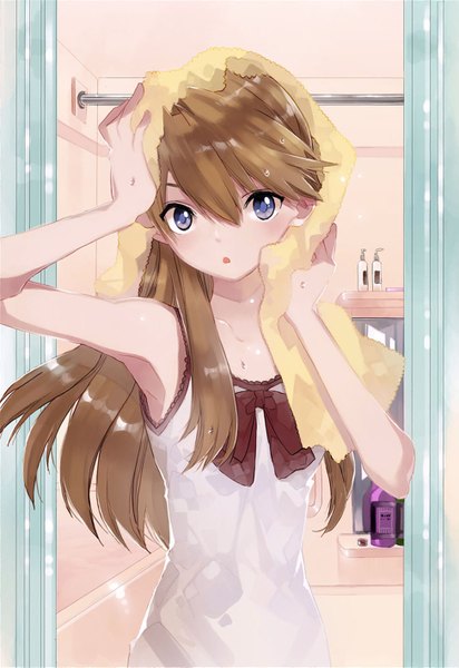 Anime picture 974x1417 with neon genesis evangelion gainax soryu asuka langley shikinami asuka langley kimijima0301 single long hair tall image blush fringe open mouth blue eyes brown hair standing bare shoulders wet girl bow towel bath