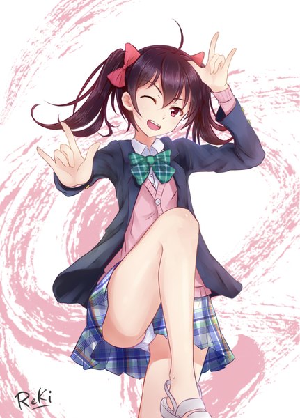 Anime picture 1200x1668 with love live! school idol project sunrise (studio) love live! yazawa nico reki (lichk) single long hair tall image looking at viewer open mouth light erotic black hair red eyes twintails ahoge one eye closed wink pantyshot mmm girl