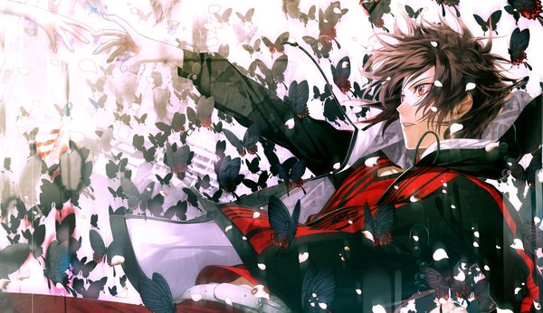 Anime picture 1920x1110 with amnesia idea factory shin (amnesia) hanamura mai single highres short hair open mouth red eyes brown hair wide image looking away open clothes open jacket falling boy jacket hood insect butterfly