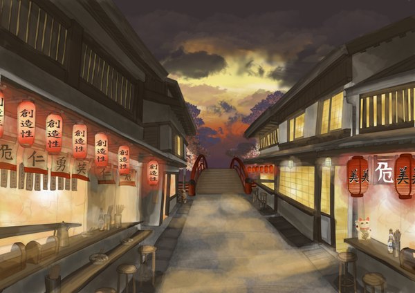 Anime picture 1750x1238 with original eeks paris (artist) highres city street cat lantern bridge