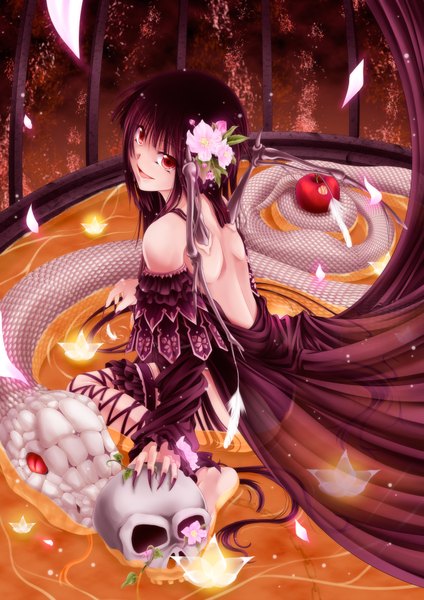 Anime picture 1280x1810 with original tsukineko single long hair tall image open mouth light erotic red eyes bare shoulders purple hair girl dress flower (flowers) petals wings feather (feathers) skull apple snake cage