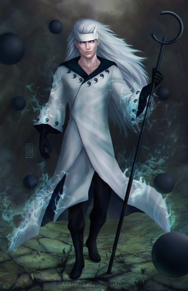 Anime picture 3589x5556 with naruto studio pierrot naruto (series) uchiha madara zetsuai89 long hair tall image highres standing purple eyes holding absurdres horn (horns) grey hair realistic glowing rinnegan boy staff