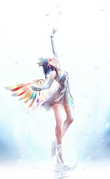 Anime picture 600x974 with pretty rhythm pretty rhythm rainbow live pretty (series) rinne (pretty rhythm) irua single tall image short hair blue eyes standing bare shoulders blue hair looking away bent knee (knees) high heels outstretched arm looking up girl dress gloves