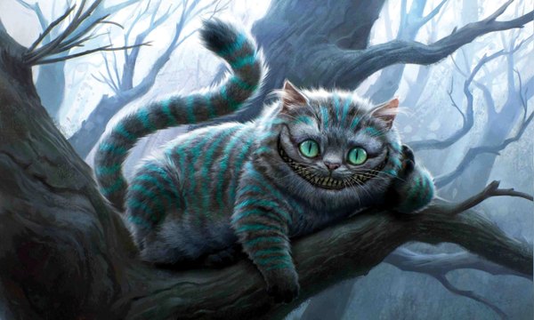 Anime picture 2824x1699 with alice in wonderland cheshire cat highres smile wide image green eyes teeth cat tail striped sharp teeth plant (plants) animal tree (trees) cat