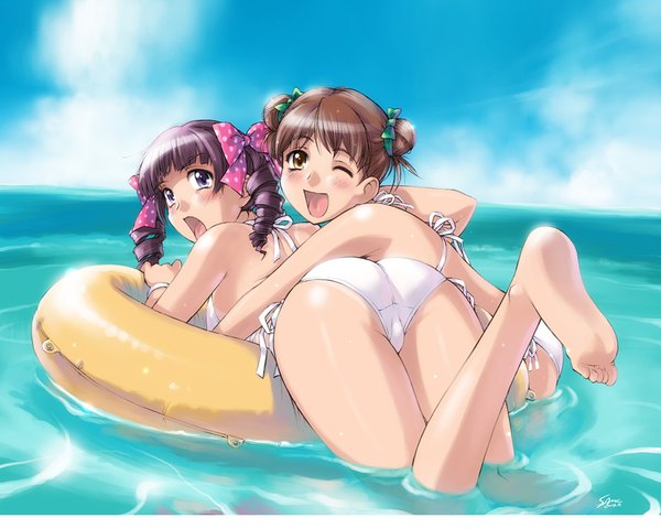 Anime picture 1280x1024 with maria-sama ga miteru studio deen fukuzawa yumi matsudaira touko same blush fringe short hair open mouth light erotic black hair smile brown hair purple eyes multiple girls yellow eyes sky cloud (clouds) ass one eye closed