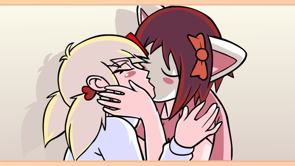 Anime picture 1600x900 with 4chan wide image animal ears cat girl kiss girl moot wt snacks