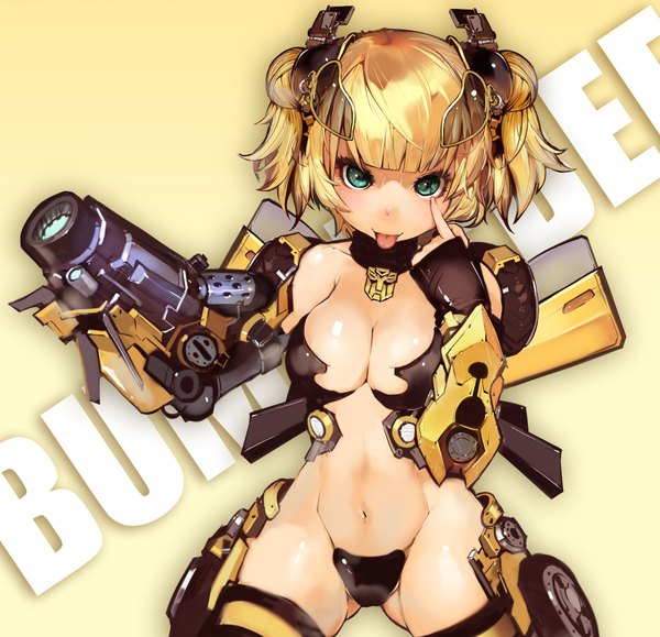 Anime picture 2072x2000 with transformers bumblebee bebe1999 single blush fringe highres short hair breasts light erotic simple background blonde hair green eyes cleavage hair bun (hair buns) yellow background personification mecha musume akanbe girl
