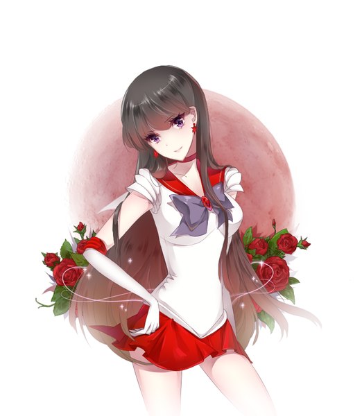 Anime picture 740x850 with bishoujo senshi sailor moon toei animation hino rei sailor mars brunette (realsyaoran) single long hair tall image looking at viewer fringe black hair simple background smile white background purple eyes hand on hip sailor collar girl gloves flower (flowers)