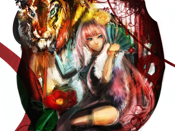 Anime picture 1600x1200 with vocaloid megurine luka zigemu long hair blue eyes pink hair hair flower girl dress hair ornament flower (flowers) animal black dress fan tiger boa