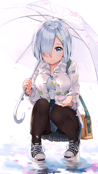 Anime picture 1032x1828 with kantai collection hamakaze destroyer yamano (yamanoh) single tall image looking at viewer blush fringe short hair breasts blue eyes light erotic smile large breasts white background holding silver hair full body pleated skirt hair over one eye