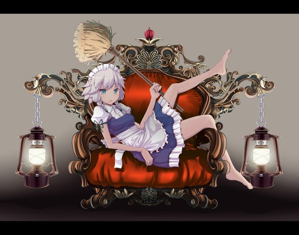Anime picture 1300x1023 with touhou izayoi sakuya tama (speedgrapher) single looking at viewer fringe short hair holding silver hair white hair braid (braids) parted lips barefoot aqua eyes arm support maid letterboxed reclining leg lift (legs lift) girl