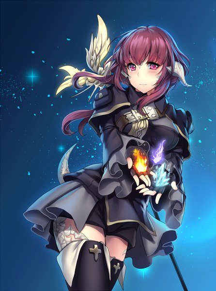 Anime picture 743x1000 with final fantasy final fantasy xiv square enix au ra black mage aruma jiki single long hair tall image looking at viewer blush fringe purple hair tail pink eyes horn (horns) light smile wide sleeves magic outstretched hand