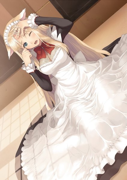 Anime picture 1283x1820 with shining (series) shining hearts lorna (shining hearts) tony taka single long hair tall image blush highres open mouth light erotic blonde hair green eyes animal ears absurdres one eye closed official art maid girl dress