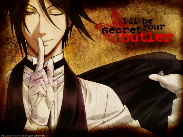 Anime picture 1024x768 with kuroshitsuji a-1 pictures sebastian michaelis single looking at viewer short hair black hair red eyes one eye closed wink finger to mouth butler boy gloves suit