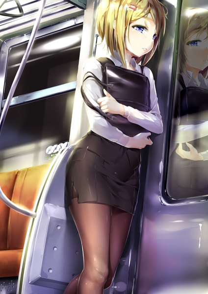 Anime picture 1414x2000 with original shuffle (songdatiankong) single tall image blush short hair blonde hair standing purple eyes holding looking away long sleeves parted lips from below reflection shiny clothes office lady train interior girl dress