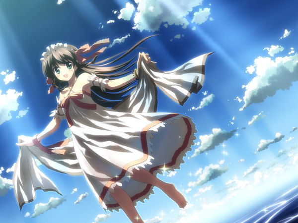 Anime picture 3200x2400 with original yuuki tatsuya single long hair blush highres open mouth black hair bare shoulders green eyes absurdres sky cloud (clouds) barefoot jumping girl ribbon (ribbons) bracelet hairband sundress