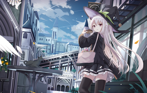Anime picture 2247x1416 with original touhourh single long hair looking at viewer fringe highres smile hair between eyes red eyes holding sky silver hair cloud (clouds) outdoors long sleeves parted lips pleated skirt looking back arm up