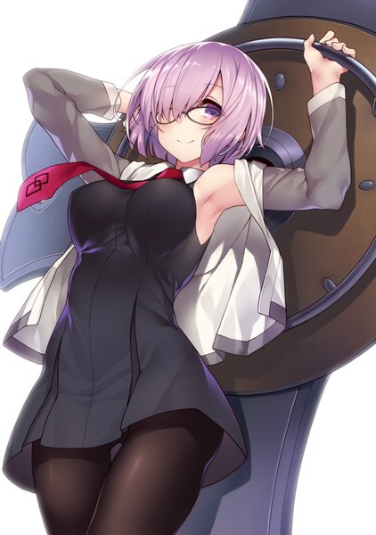 イラスト 633x900 と Fateシリーズ fate/grand order マシュ・キリエライト 児玉酉 ソロ 長身像 カメラ目線 赤面 前髪 短い髪 おっぱい light erotic simple background 大きな乳房 白背景 紫目 purple hair 片目隠れ オフショルダー armpit (armpits)