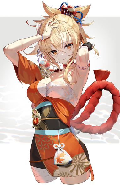 Anime picture 1593x2500 with genshin impact yoimiya (genshin impact) scottie (phantom2) single tall image looking at viewer fringe short hair breasts light erotic blonde hair hair between eyes standing outdoors traditional clothes parted lips japanese clothes arms up armpit (armpits) wet