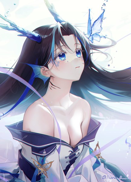Anime picture 1300x1800 with original naru single long hair tall image blush fringe breasts open mouth blue eyes light erotic simple background brown hair large breasts white background bare shoulders signed cleavage upper body multicolored hair