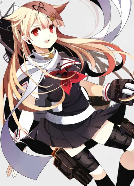 Anime picture 1376x1912 with kantai collection yuudachi destroyer fumiko (miruyuana) single long hair tall image looking at viewer simple background blonde hair red eyes remodel (kantai collection) girl skirt gloves hair ornament ribbon (ribbons) weapon hair ribbon miniskirt socks