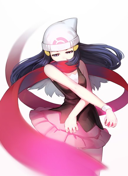 Anime picture 800x1103 with pokemon nintendo dawn (pokemon) ririko (zhuoyandesailaer) single long hair tall image simple background white background purple eyes bare shoulders purple hair looking down girl hair ornament hairclip scarf cap wristlet red scarf