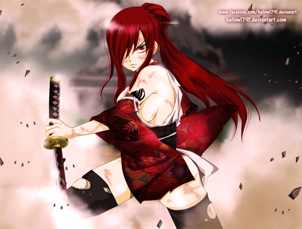 Anime picture 1024x778 with fairy tail erza scarlet hallow1791 single long hair fringe light erotic red eyes ponytail red hair hair over one eye tattoo coloring torn clothes smoke girl thighhighs weapon black thighhighs sword