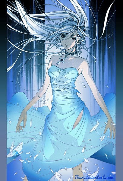 Anime picture 800x1177 with rosario+vampire akashiya moka inner moka tagme (artist) single long hair tall image looking at viewer open mouth red eyes bare shoulders silver hair wind girl dress collar cross beads blue dress debris