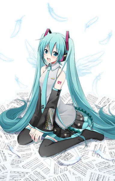 Anime picture 800x1251 with vocaloid hatsune miku sudachi (calendar) single tall image looking at viewer blush fringe open mouth simple background smile hair between eyes sitting twintails bare shoulders payot full body bent knee (knees) very long hair nail polish