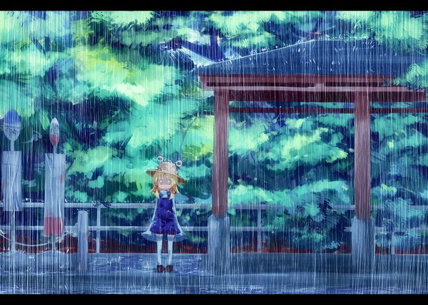 Anime picture 1400x1000 with touhou moriya suwako pyonta ayakashi (monkeypanch) single looking at viewer short hair blonde hair standing twintails yellow eyes full body wallpaper sleeves past wrists letterboxed rain girl thighhighs dress hair ornament