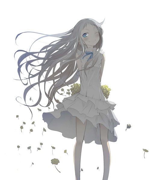 Anime picture 3286x3573 with ano hi mita hana no namae wo bokutachi wa mada shiranai a-1 pictures honma meiko akasaka aka single long hair tall image blush highres blue eyes simple background smile white background absurdres white hair one eye closed wind wink hands behind back girl