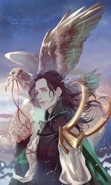 Anime picture 600x1000 with marvel comics loki (thor) saito yukihiro single long hair tall image looking at viewer blue eyes black hair holding payot sky upper body outdoors wind animal on shoulder bird on shoulder boy ribbon (ribbons) animal