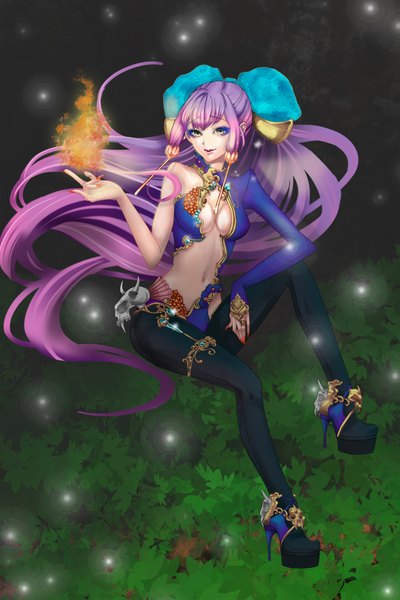 Anime picture 2341x3508 with original hua fu yang single tall image highres breasts light erotic yellow eyes purple hair very long hair nail polish horn (horns) high heels magic girl navel hair ornament insect jewelry fire
