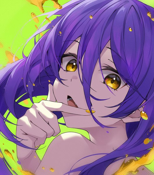 Anime picture 2315x2630 with original crystalherb single long hair tall image looking at viewer fringe highres open mouth simple background hair between eyes yellow eyes purple hair nail polish fingernails green background yellow nail polish girl